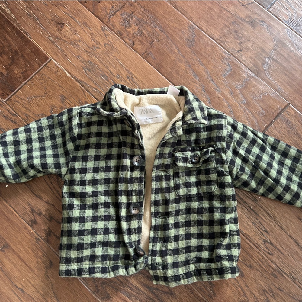 Zara Cream Fleece Jacket with Green and Black Checkered Lining